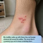 My toddler woke up with these tiny red bumps clustered all around his ankles.