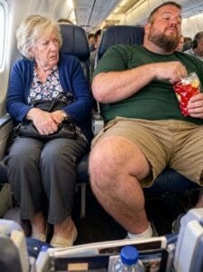 A man spread his legs into my airplane seat for hours, refusing to give me any space.